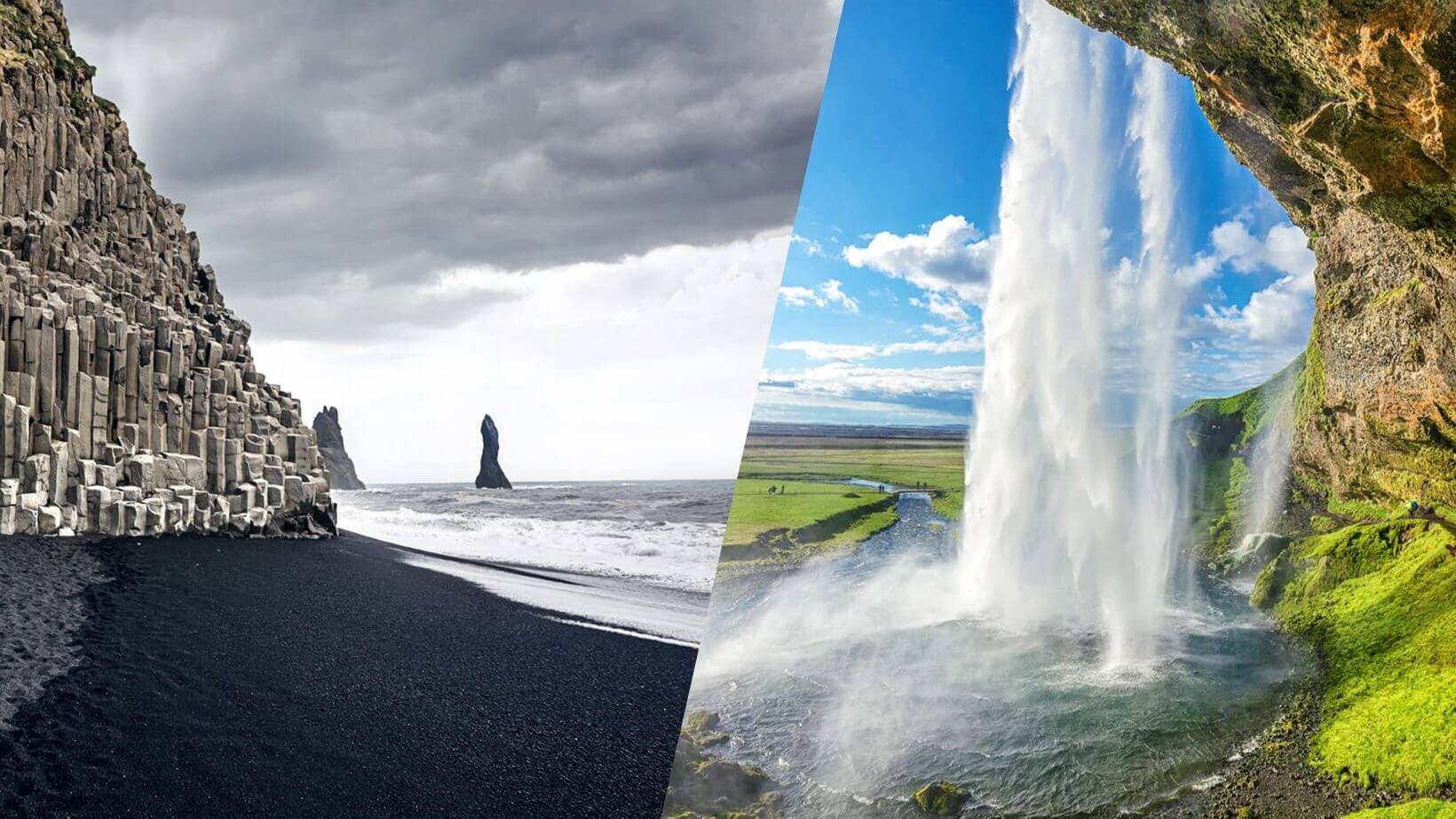 black sand beach and seljalandsfoss waterfall in the south coast of Iceland