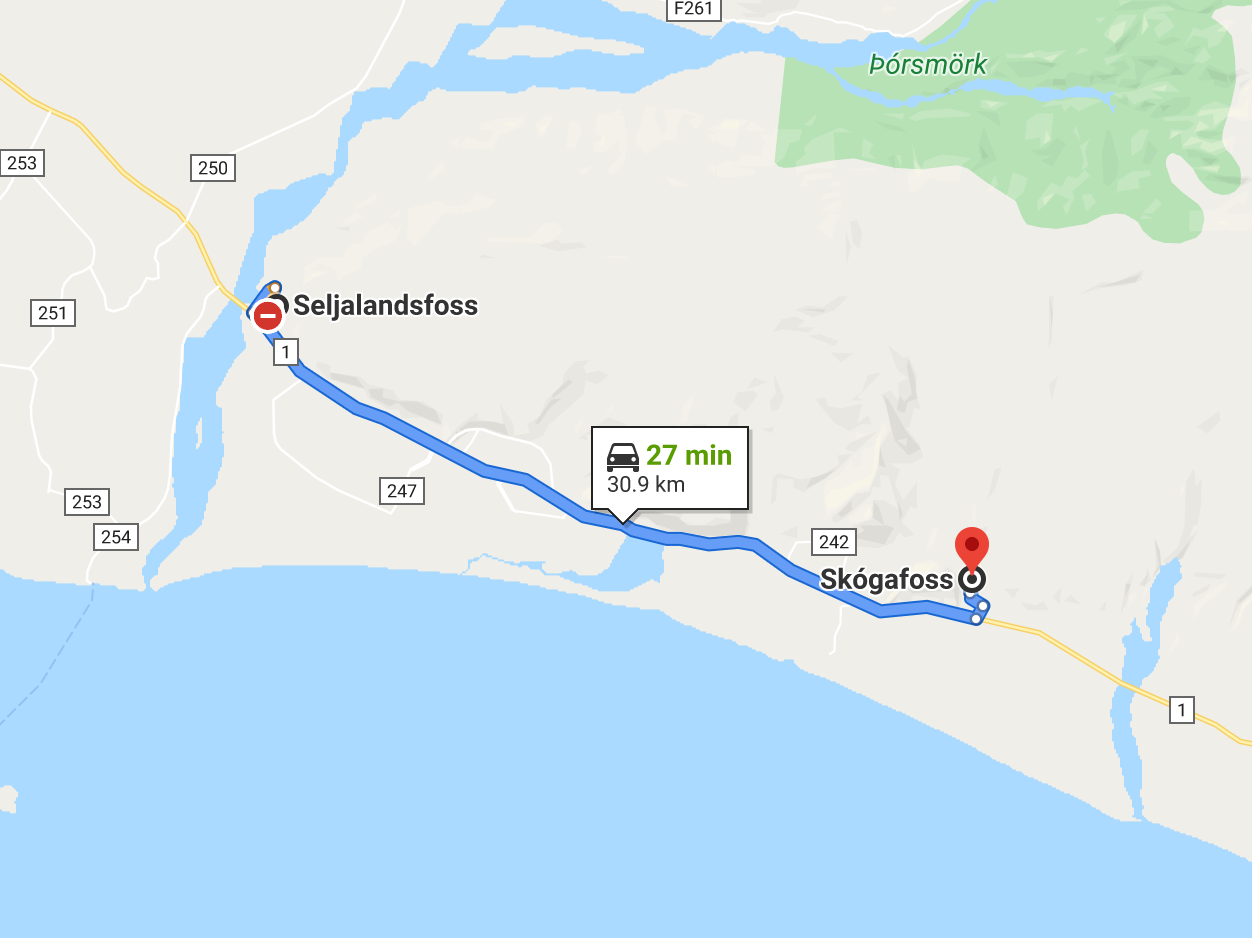 Driving route from Seljalandsfoss to Skógafoss waterfall