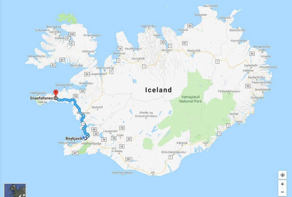 driving route from Reykjavik to Snæfellsnes