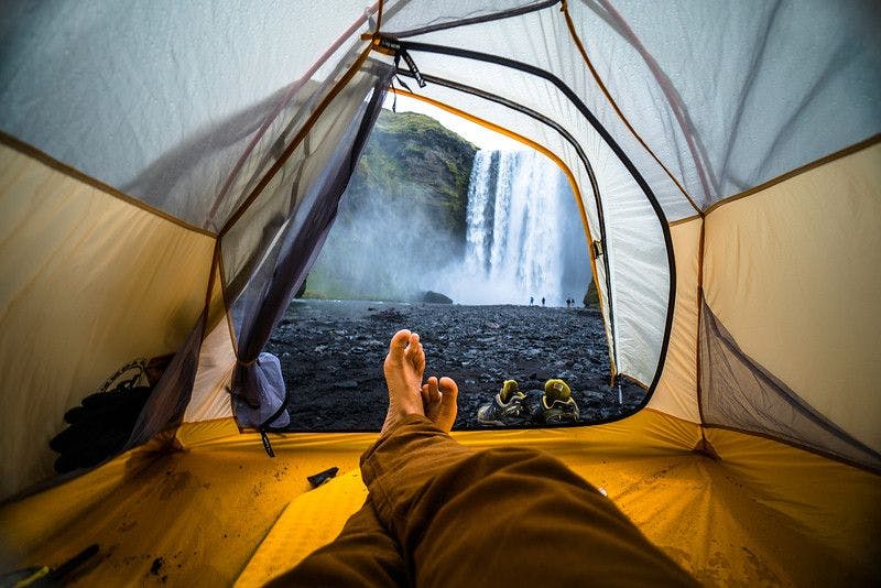 camping outside of Skógafoss waterfall
