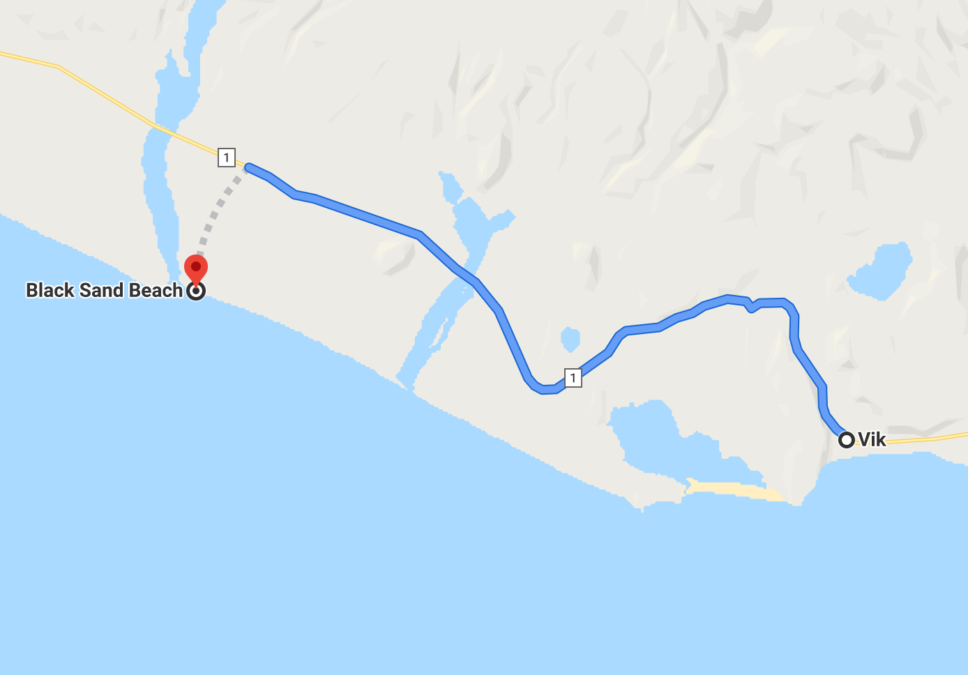 Driving route from Black Sand Beach to Vík
