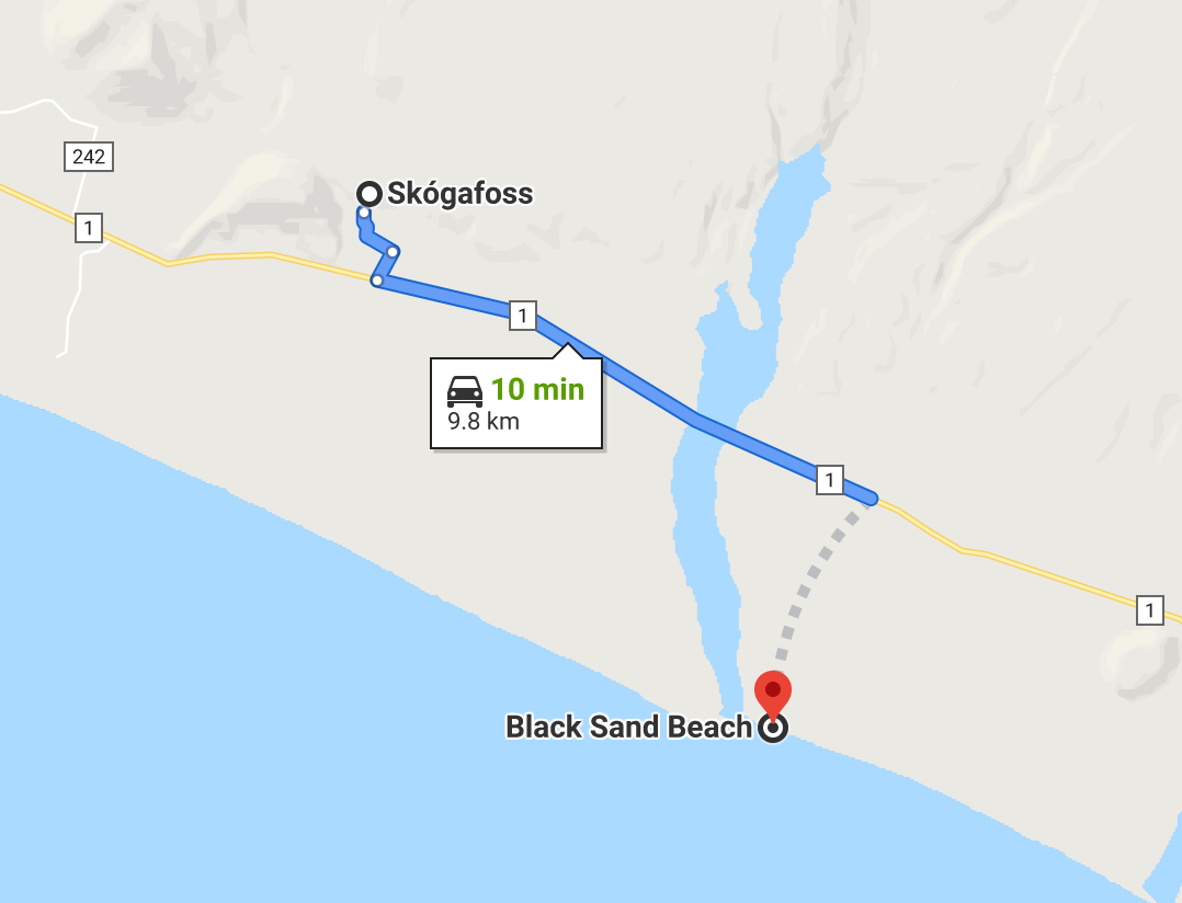 Driving route from Skógafoss to Black Sand Beach