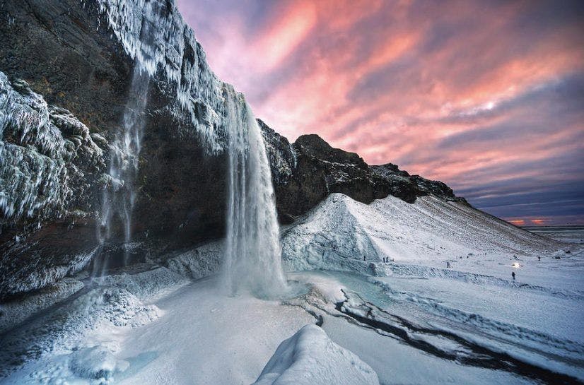frozen seljalandsfoss waterfall during february