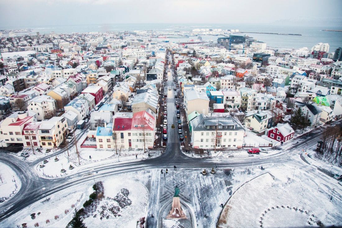 Reykjavik covered in snow during winter