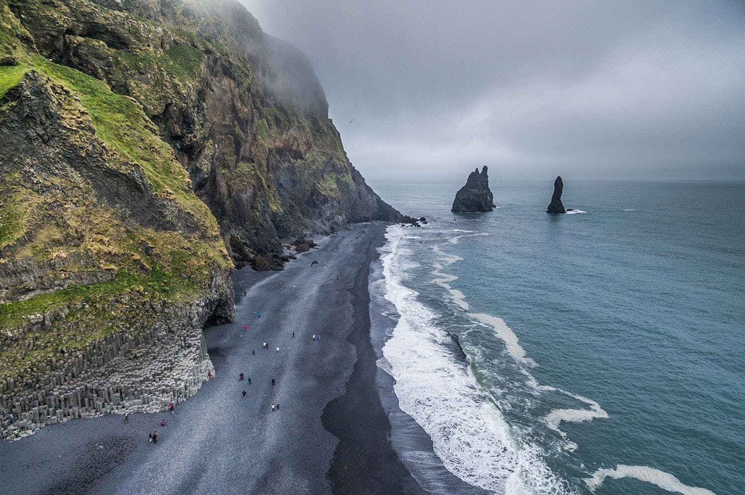 Arial shot of the black sand beach in Iceland